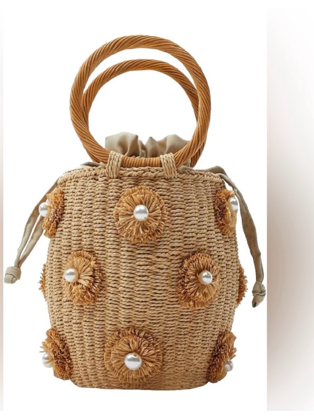 Pearl Flower Straw Bucket Handbag,
